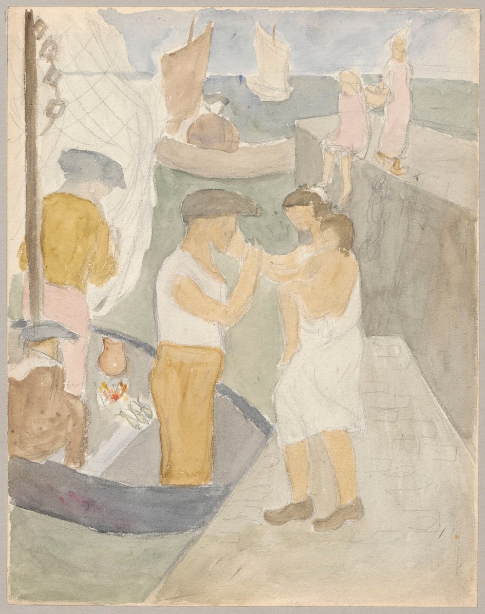 Familie staand in de haven door Tadeusz Makowski