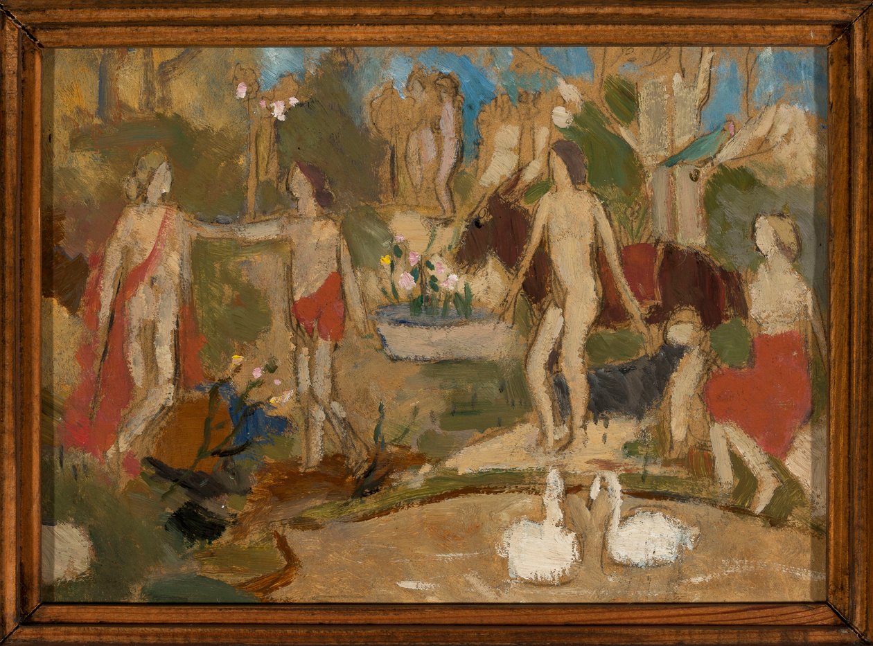 Tuinscène met figuren en zwanen door Tadeusz Makowski