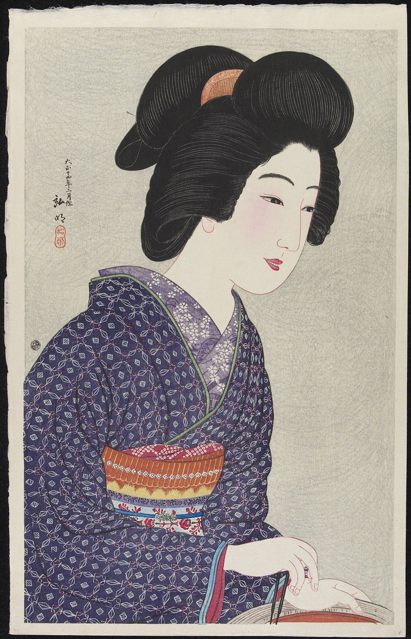Vrouw zittend bij een vuurkorf, februari 1925 door Takahashi Hiroaki