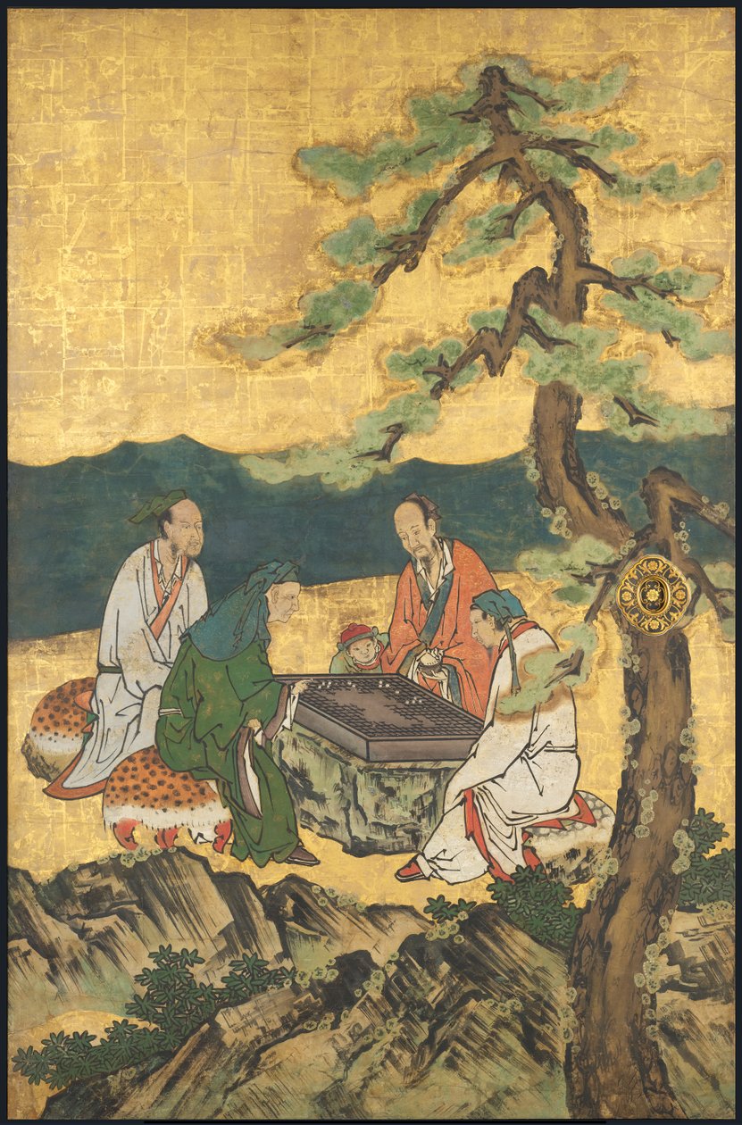 Een spel Go, uit de Vier Vaardigheden, begin 17e eeuw (Schuifscherm; inkt, kleur en goud op papier) door Takanobu Kano