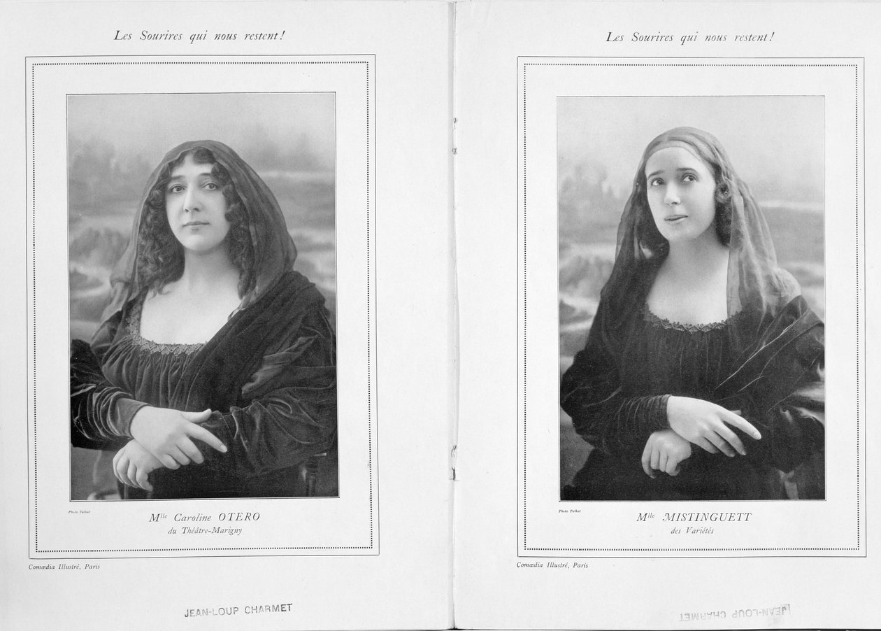 La Belle Otero en Mistinguett als de Mona Lisa, uit een artikel Les Sourires qui Nous Restent in Comoedia Illustre, 1911 door Talbot