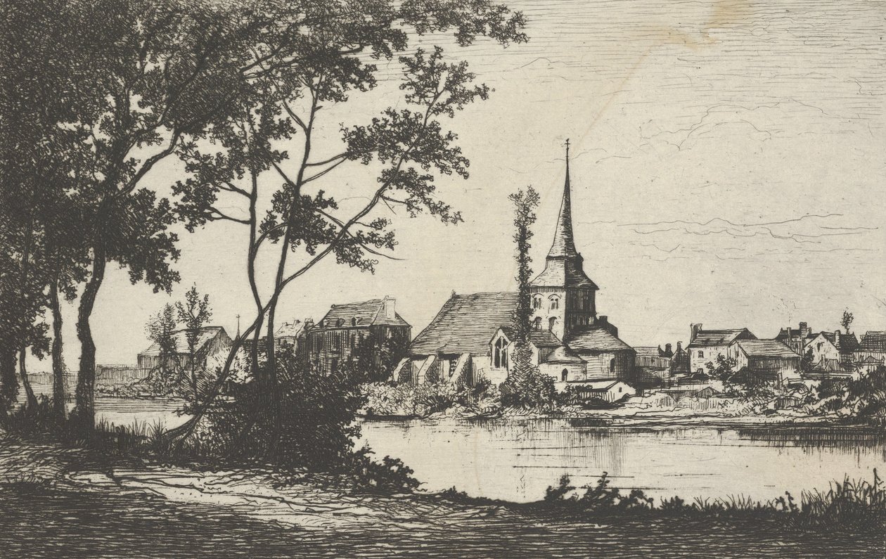 Stad met een kerk aan een rivier door Tancrède Abraham