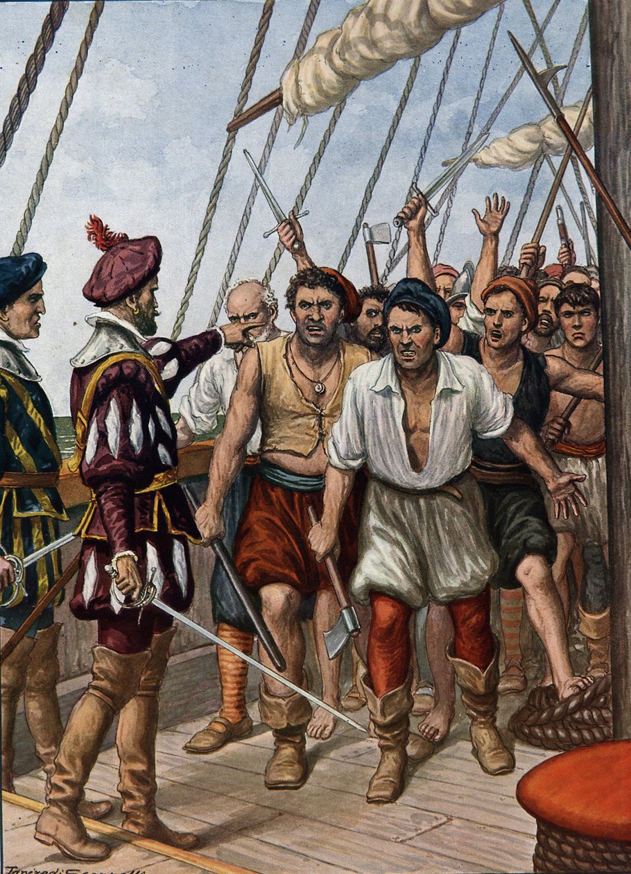 De Muiterij van de Bemanning van de Portugese Flor de La Mar, tegen hun Generaal, Afonso de Alberquerque in ca. 1511, illustratie uit 