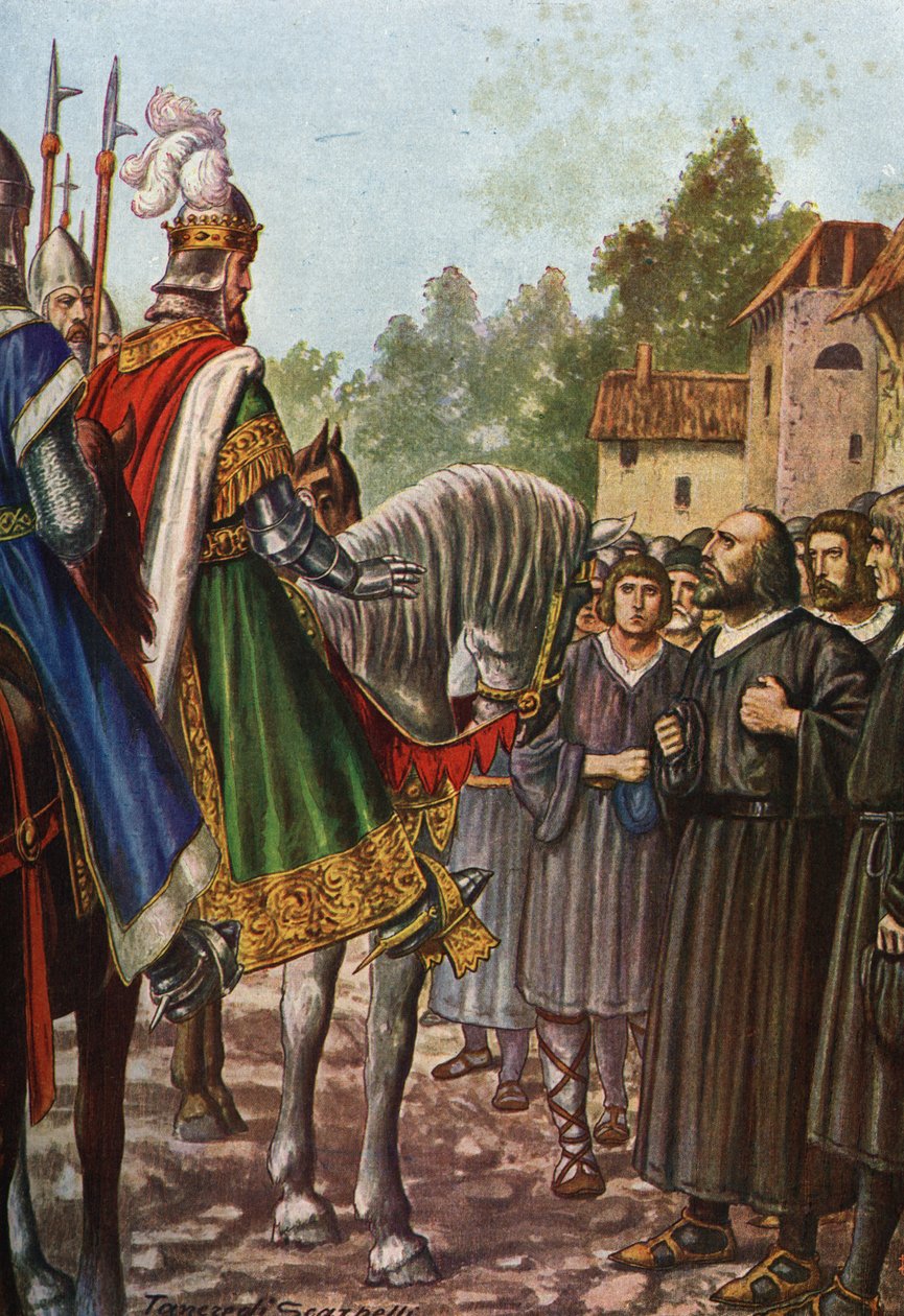 Keizer Frederik I Barbarossa (1122-1190) op zijn tweede reis naar Italië in 1158 steekt de rivier de Adda over en ontmoet de mensen van Lodi die hem smeken hun grondgebied terug te krijgen door Tancredi Scarpelli