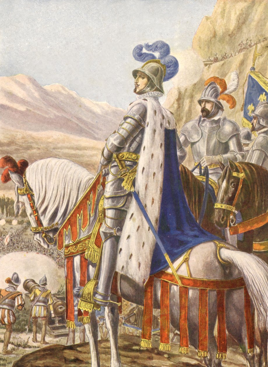 Francois 1e van Frankrijk tijdens de slag bij Marignan in 1515, illustratie, jaren 
