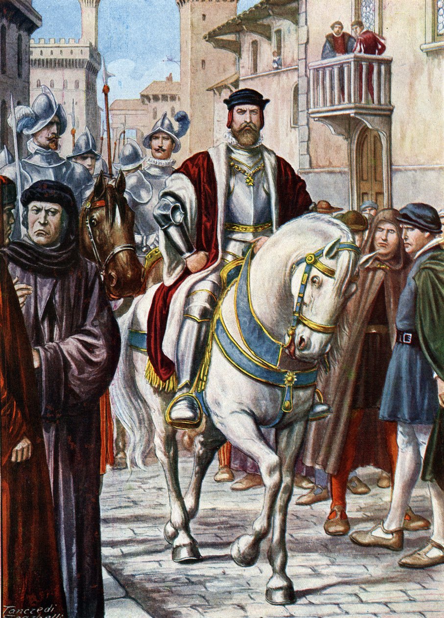 Portret van Cosimo I van Toscane (Cosimo de Medici) (1519-1574), rijdend door de straten van Florence, omringd door leden van zijn militie bestaande uit Spaanse en Duitse soldaten door Tancredi Scarpelli