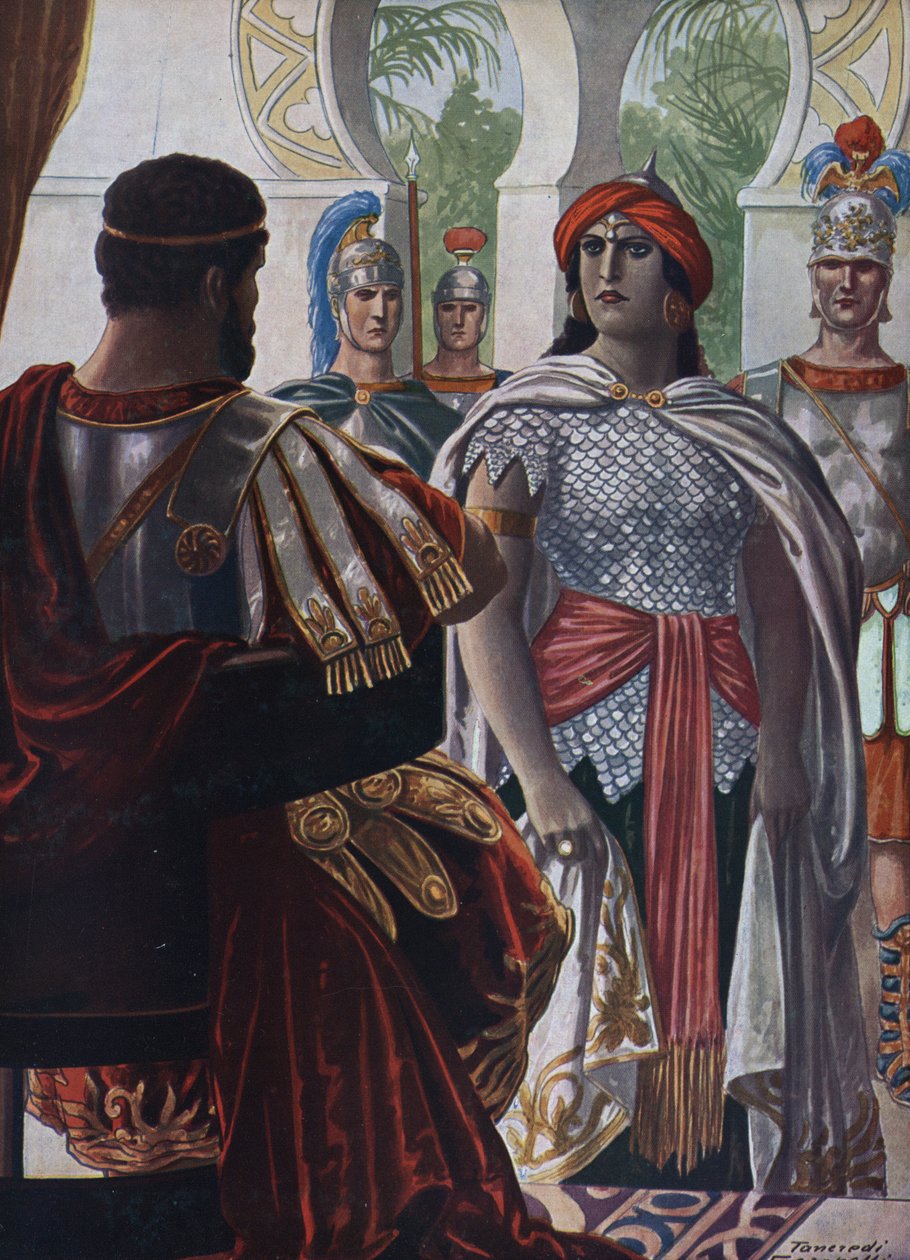 Romeinse oudheid: De Imperator van Palmyra Septimia Bathzabbai Zenobia gevangen genomen door de Romeinse keizer Aurelianus, 272 AD door Tancredi Scarpelli