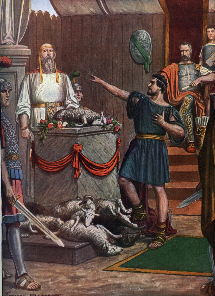 Romeinse oudheid, Derde Samnitische Oorlog: Samnitische ceremonie en offer in eerbetoon aan de goden voor de Slag bij Aquilonia in 293 v.Chr. door Tancredi Scarpelli