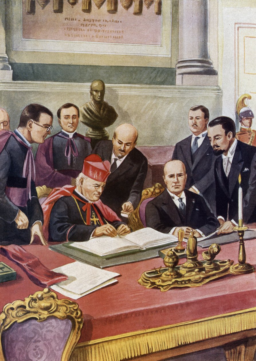 Ondertekening van de Lateraanse Akkoorden (Patti lateranensi) tussen de Italiaanse regering (fascistisch) en de Heilige Stoel die de soevereiniteit van de Paus in het Vaticaan garandeert en de katholieke religie in Italië formaliseert: Kardinaal Pietro door Tancredi Scarpelli