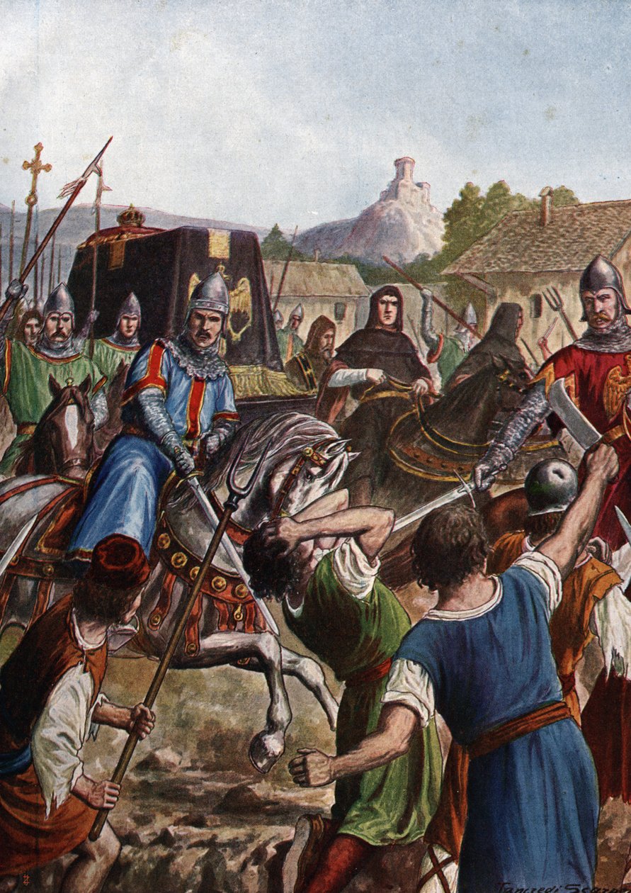 De begrafenisstoet van keizer Otto III van het Heilige Roomse Rijk (980-1002) brengt de resten door Italië naar Aken, vechtend tegen opstandige bevolkingen door Tancredi Scarpelli