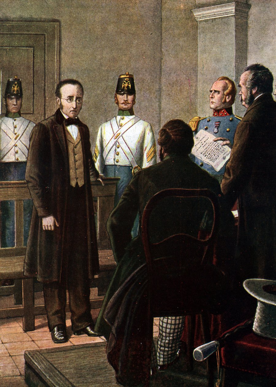 Het voorlezen van de veroordelingsbrief waarin Silvio Pellico (1789 - 1854) en Piero Maroncelli (1795 - 1846) worden veroordeeld tot opsluiting in de vesting Spielberg in Brno vanwege hun lidmaatschap van de Carbonari-beweging (Charbonnerie of carboneria) door Tancredi Scarpelli