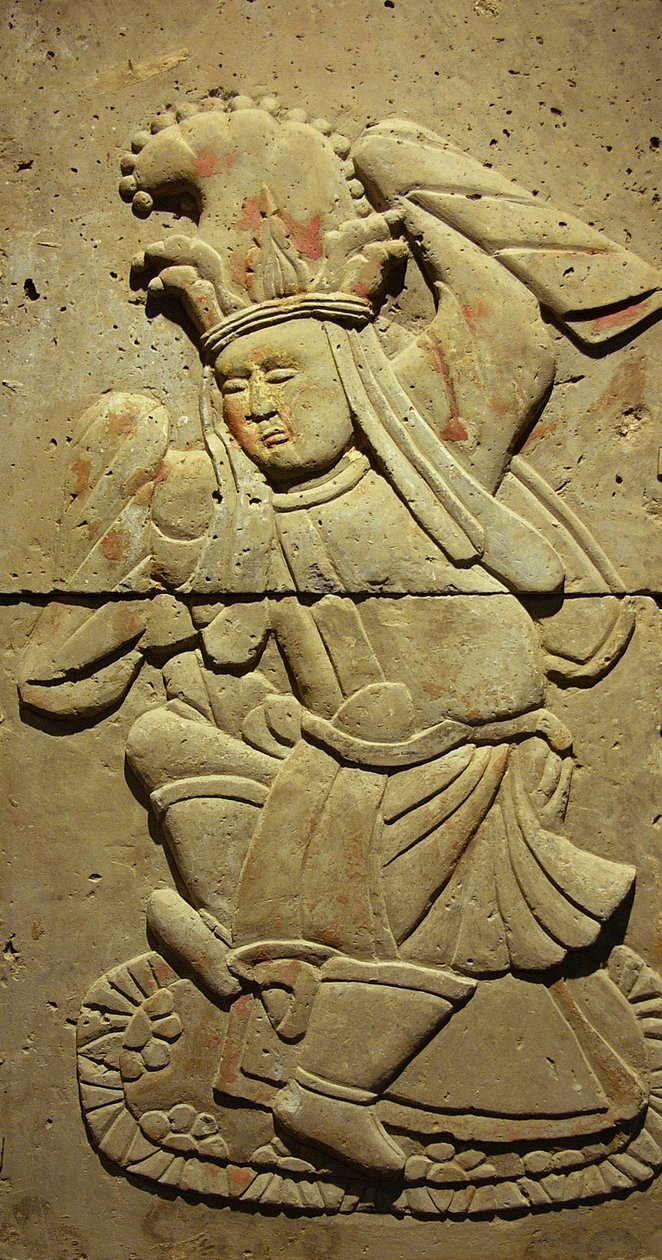 Terracotta stele met danser, Tang-dynastie (618-907), ontdekt in de provincie Shaanxi, Steles Forest Museum in Xian. Fotografie, Leonard de Selva, China, 2006. door Tang Dynasty Chinese School