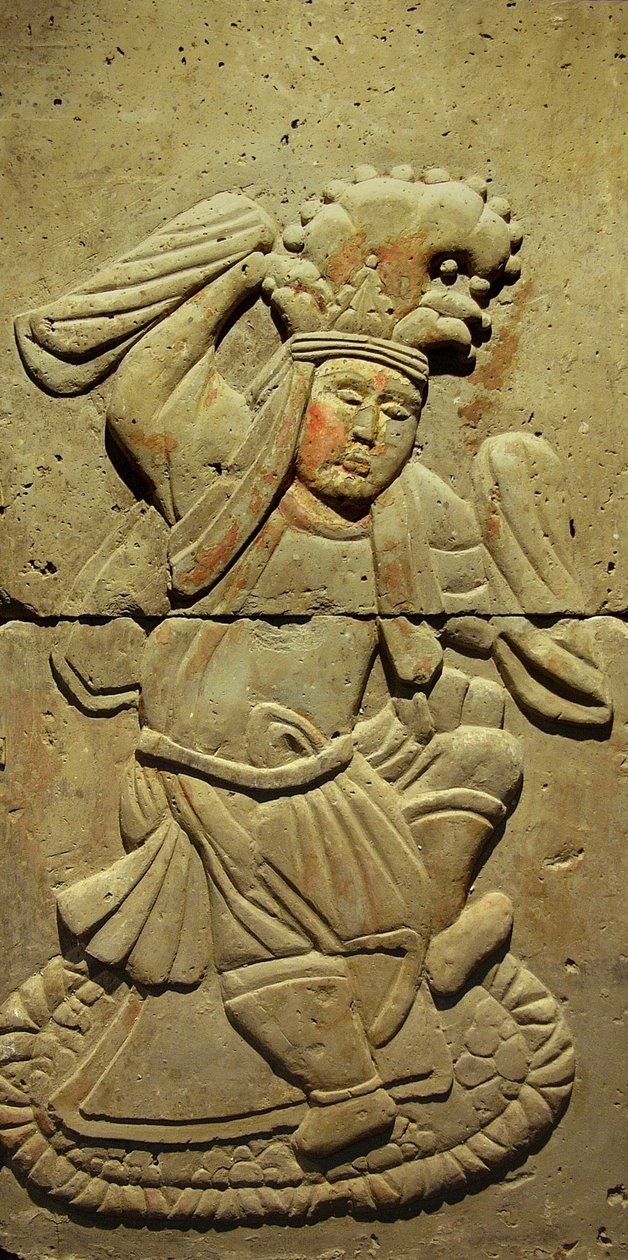 Terracotta stele met danser, Tang-dynastie (618-907), ontdekt in de provincie Shaanxi, Steles Forest Museum in Xian. door Tang Dynasty Chinese School
