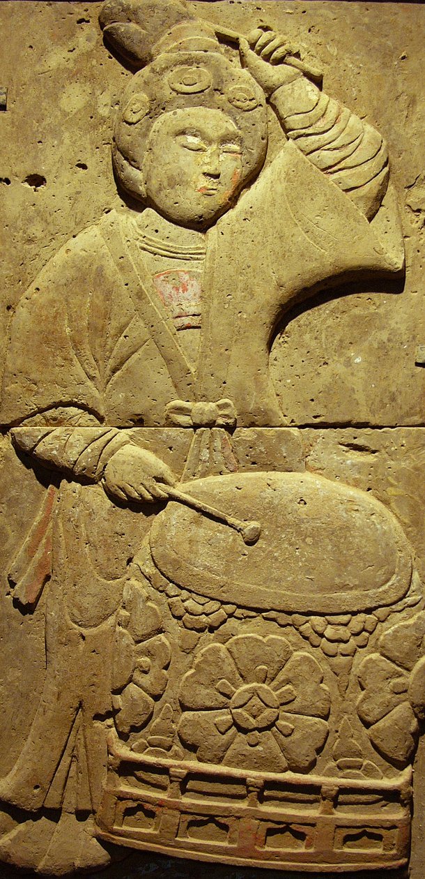 Terracotta stele met muzikant, Tang-dynastie (618-907), ontdekt in de provincie Shaanxi, Steles Forest Museum in Xian. door Tang Dynasty Chinese School