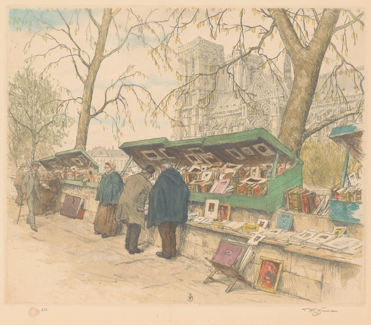 Boekenkramen op de Quai de Montebello, de Notre-Dame in de achtergrond door Tavík František Šimon (signed by artist)