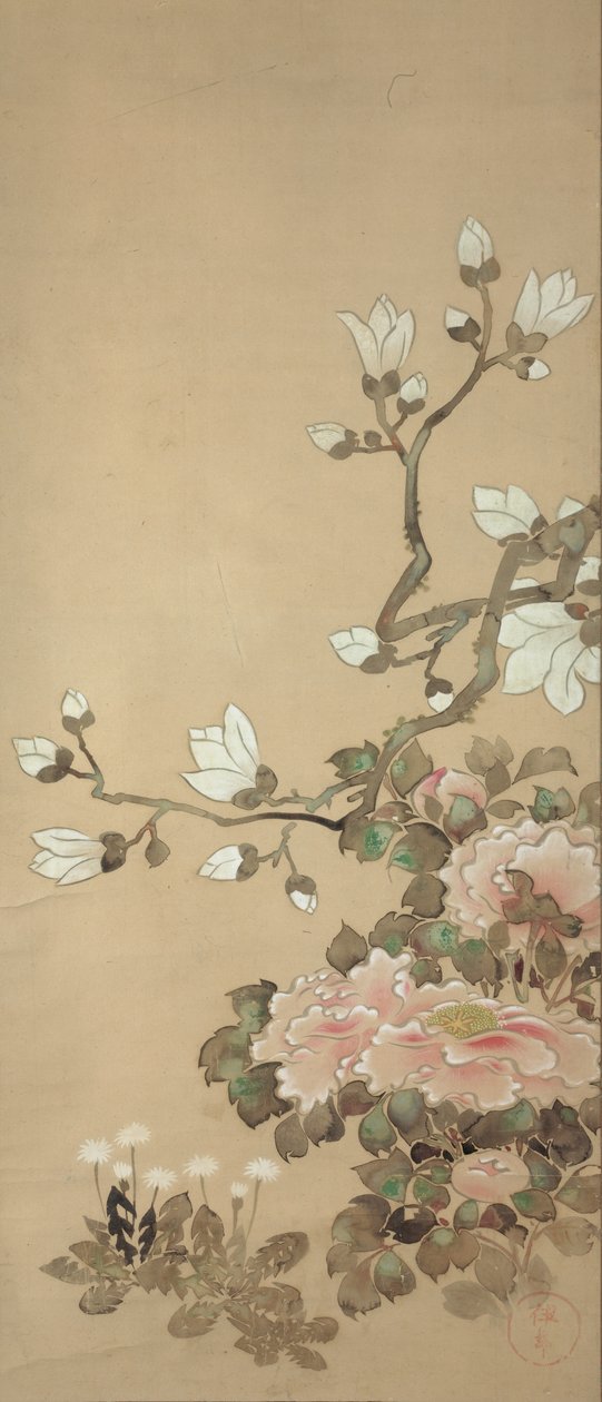 Pioenen, Magnolia en Paardenbloemen door Tawaraya Sotatsu