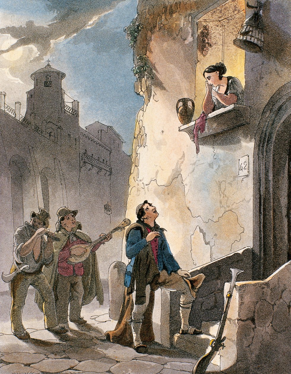Serenade, illustratie uit Kostuums en populaire scènes van Napels door Achille Vianelli door Teodoro Guglielmo Witting