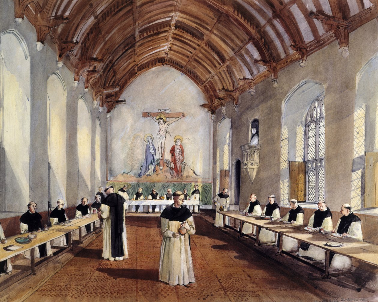 Reconstructietekening van de Refter van het Cisterciënzerklooster van Cleeve Abbey door Terry Ball