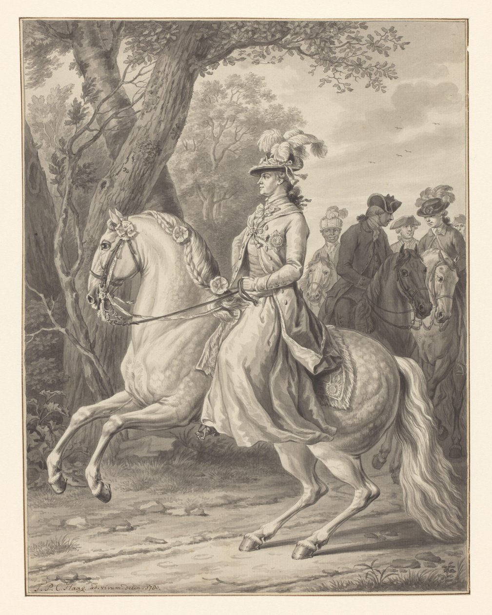 Wilhelmina van Pruisen, prinses van Oranje-Nassau, te paard door Tethart Philip Christian Haag (signed by artist)