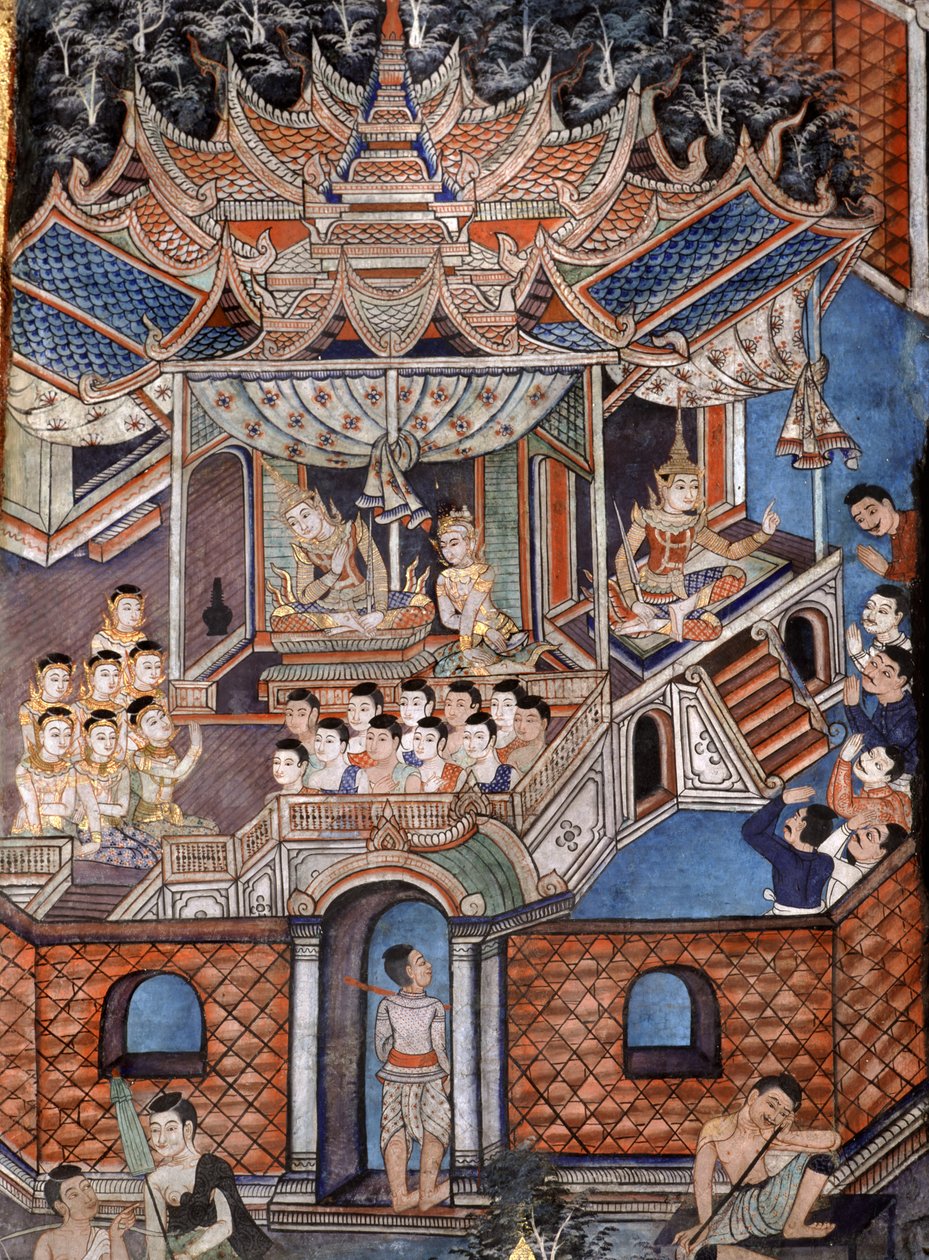 Detail van de muurschilderingen van Viharn laikam die de Sang Thong-verhalen uitbeelden (muurschildering) door Thai School