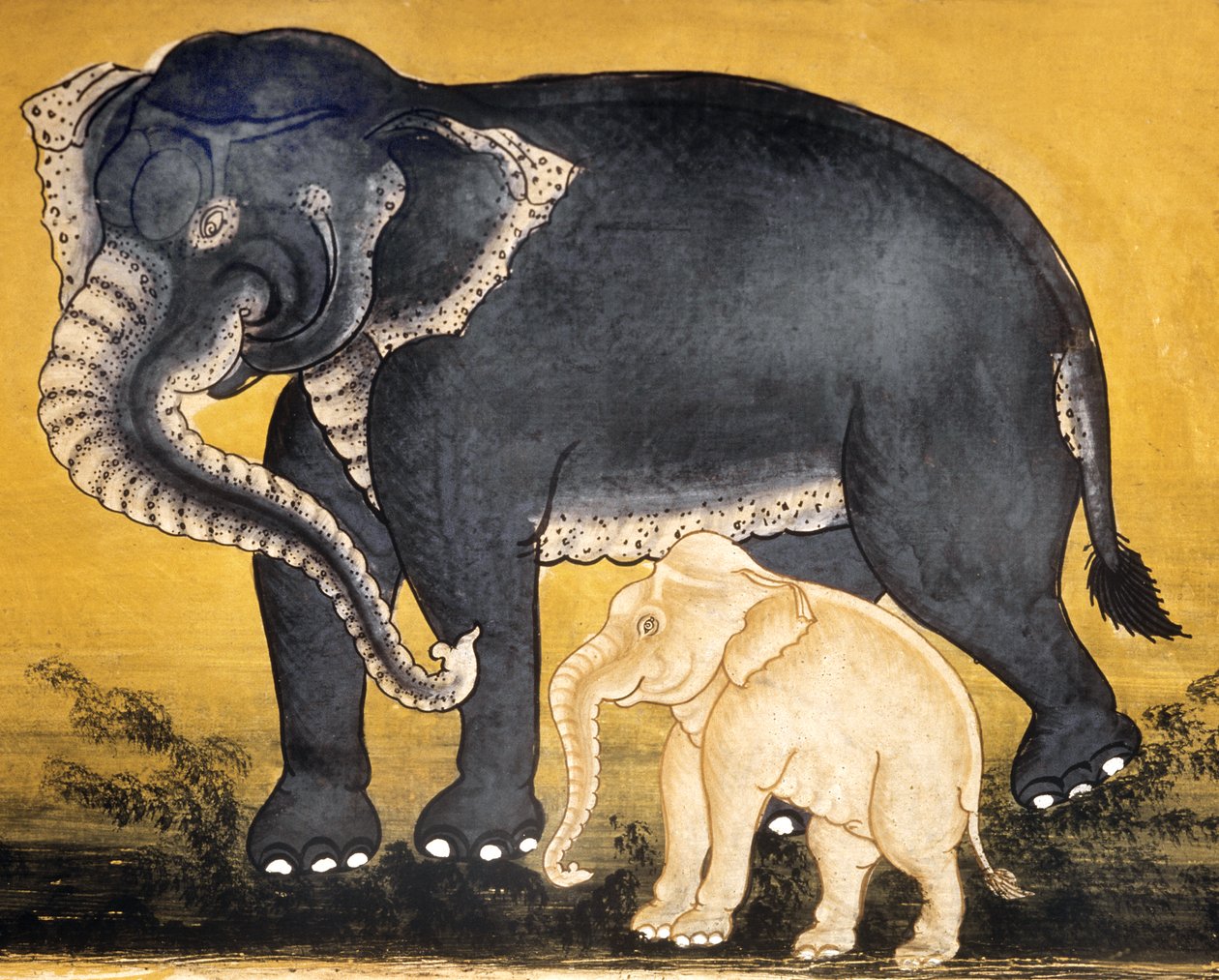 Olifant en kalf, pagina uit een manuscript over olifantentraining (wc op papier) door Thai School