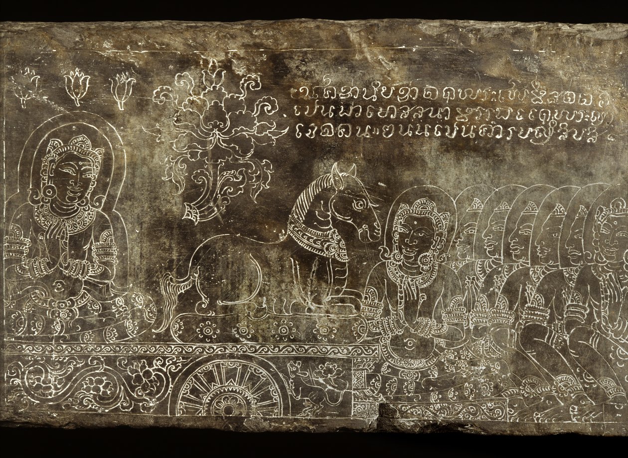 Gegraveerd stenen paneel met de Bhojajania Jataka-verhaal, van Wat Si Chum, Sukhothai, 14e-15e eeuw door Thai School