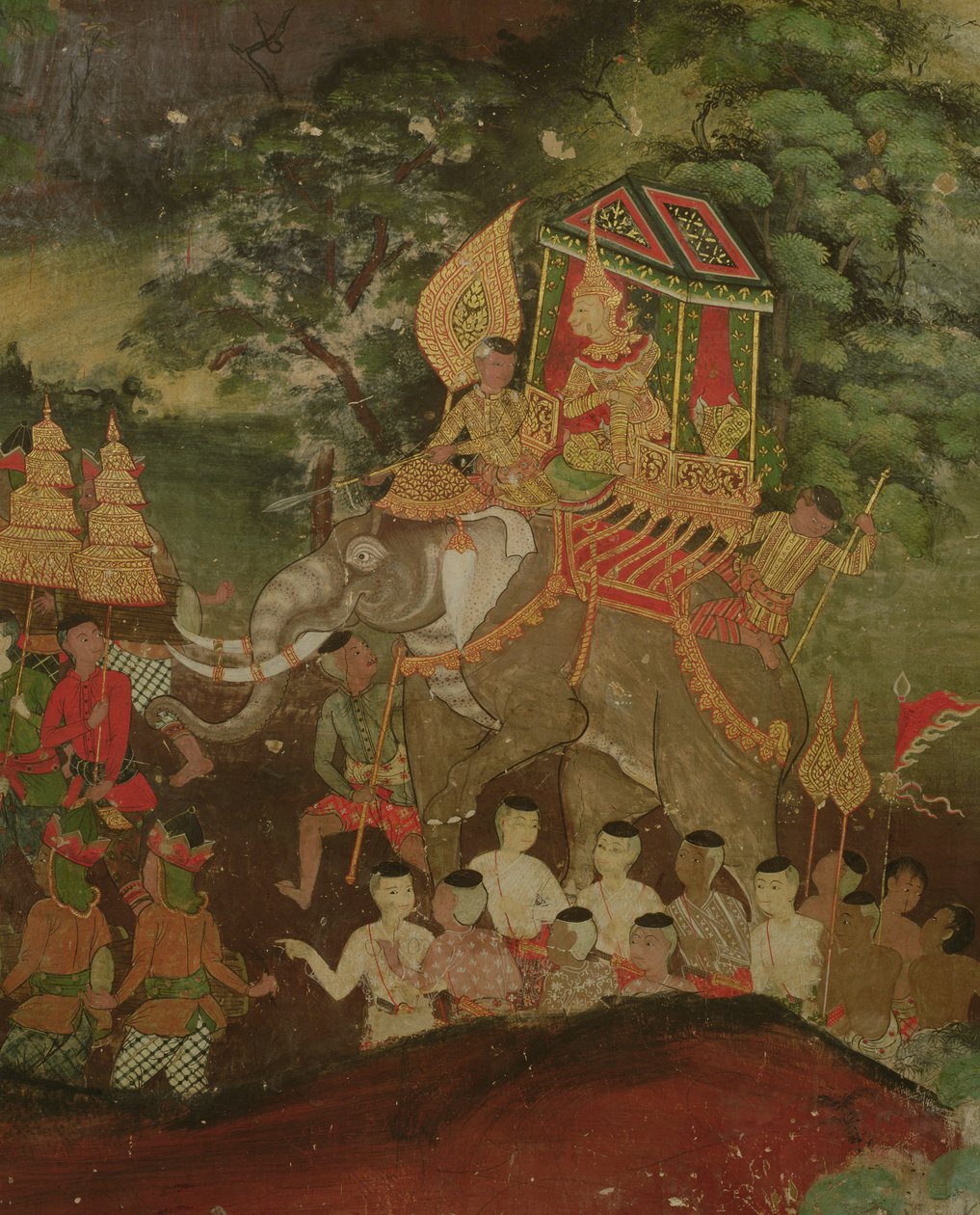 Koning Sanjaya op een olifant, Wat Suwannaram, Dhonburi, 1831 door Thai School