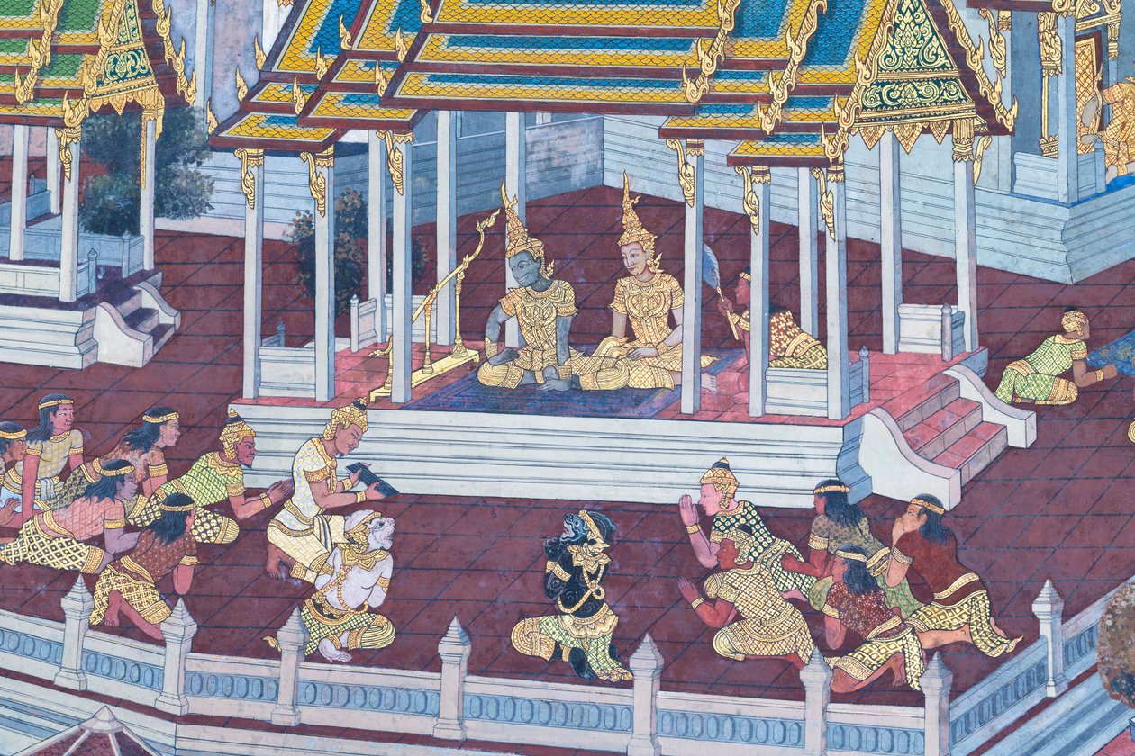 Muurschildering met scènes uit de Ramayana in Wat Phra Kaeo, het Koninklijk Paleis, Bangkok, Thailand door Thai School
