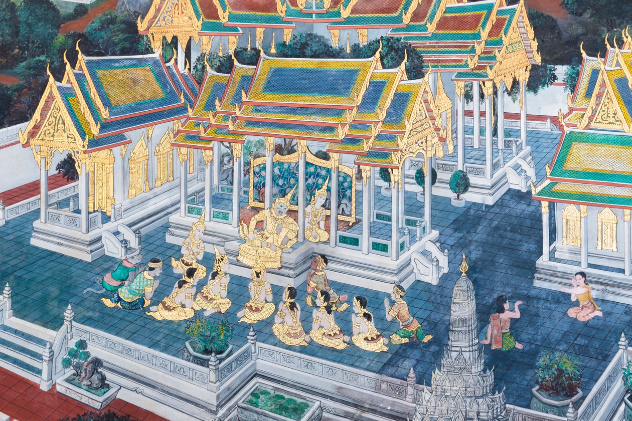 Muurschildering met scènes uit de Ramayana in Wat Phra Kaeo, het Koninklijk Paleis, Bangkok, Thailand door Thai School