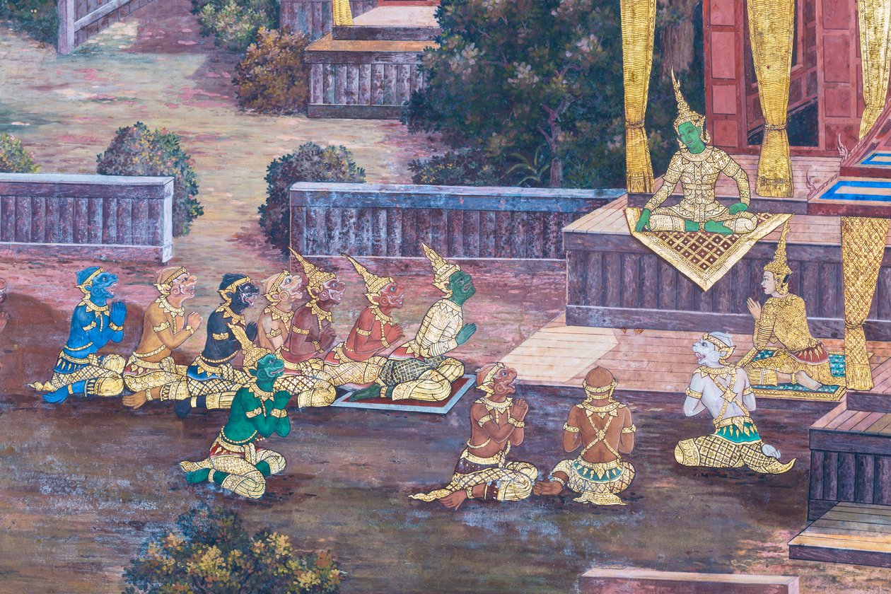 Muurschildering met scènes uit de Ramayana in Wat Phra Kaeo, het Koninklijk Paleis, Bangkok, Thailand door Thai School