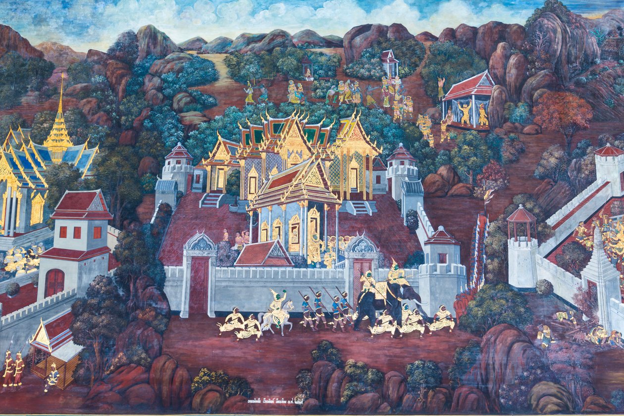 Muurschildering met scènes uit de Ramayana in Wat Phra Kaeo, het Koninklijk Paleis, Bangkok, Thailand door Thai School
