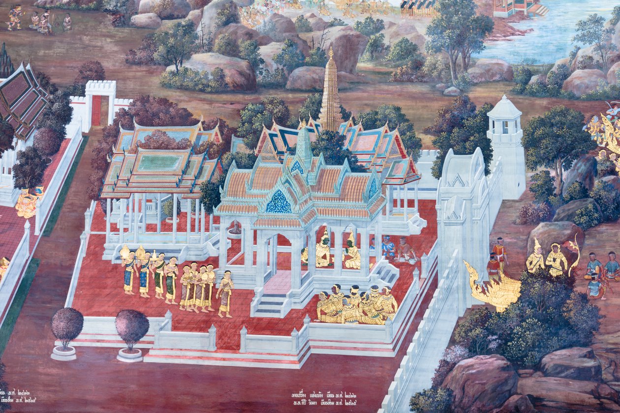 Muurschildering met scènes uit de Ramayana in Wat Phra Kaeo, het Koninklijk Paleis, Bangkok, Thailand door Thai School