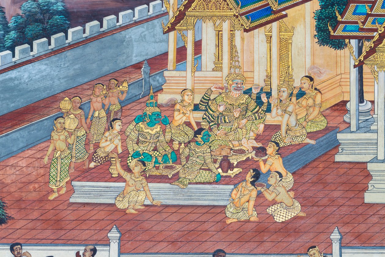 Muurschildering met scènes uit de Ramayana in Wat Phra Kaeo, het Koninklijk Paleis, Bangkok, Thailand door Thai School