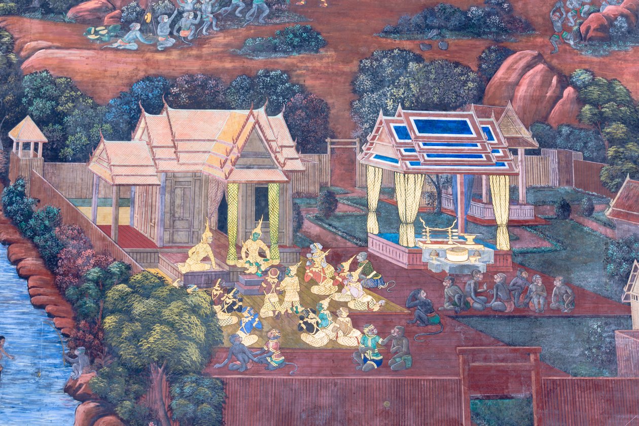 Muurschildering met scènes uit de Ramayana in Wat Phra Kaeo, het Koninklijk Paleis, Bangkok, Thailand door Thai School