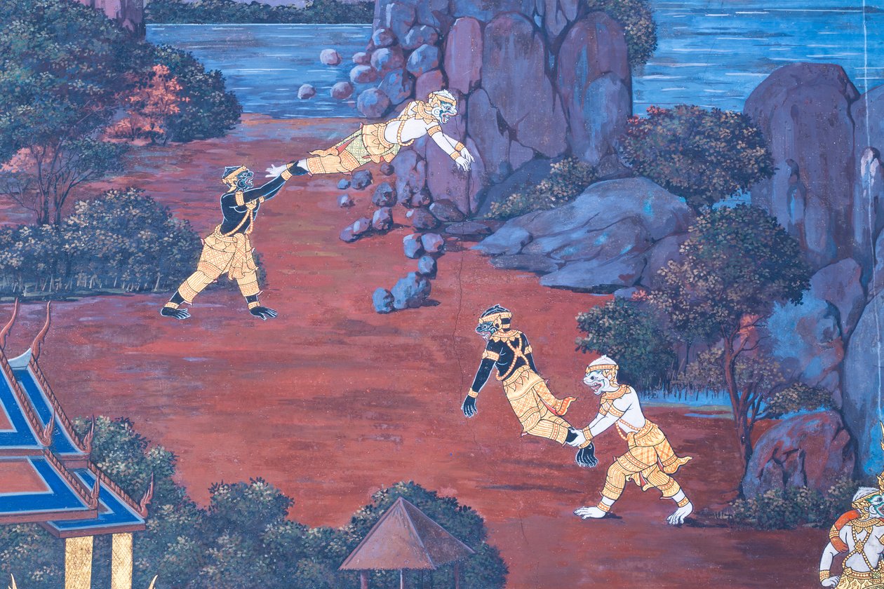 Muurschildering met scènes uit de Ramayana in Wat Phra Kaeo, het Koninklijk Paleis, Bangkok, Thailand door Thai School