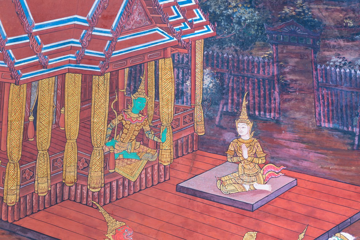 Muurschildering met scènes uit de Ramayana in Wat Phra Kaeo, het Koninklijk Paleis, Bangkok, Thailand door Thai School
