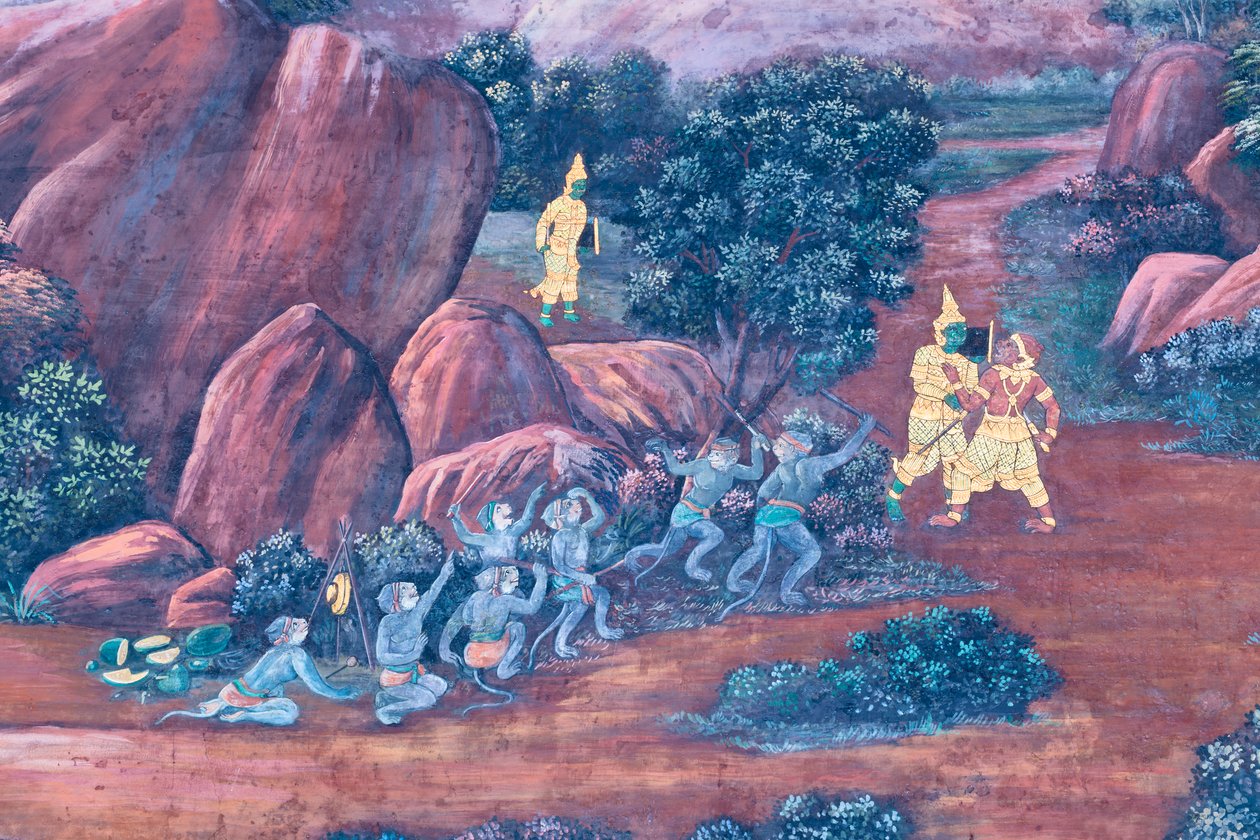 Muurschildering met scènes uit de Ramayana in Wat Phra Kaeo, het Koninklijk Paleis, Bangkok, Thailand door Thai School