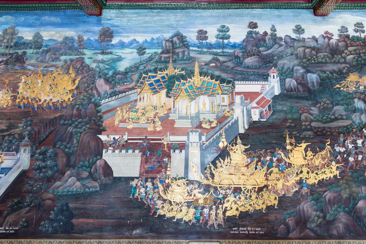 Muurschildering met scènes uit de Ramayana in Wat Phra Kaeo, het Koninklijk Paleis, Bangkok, Thailand door Thai School