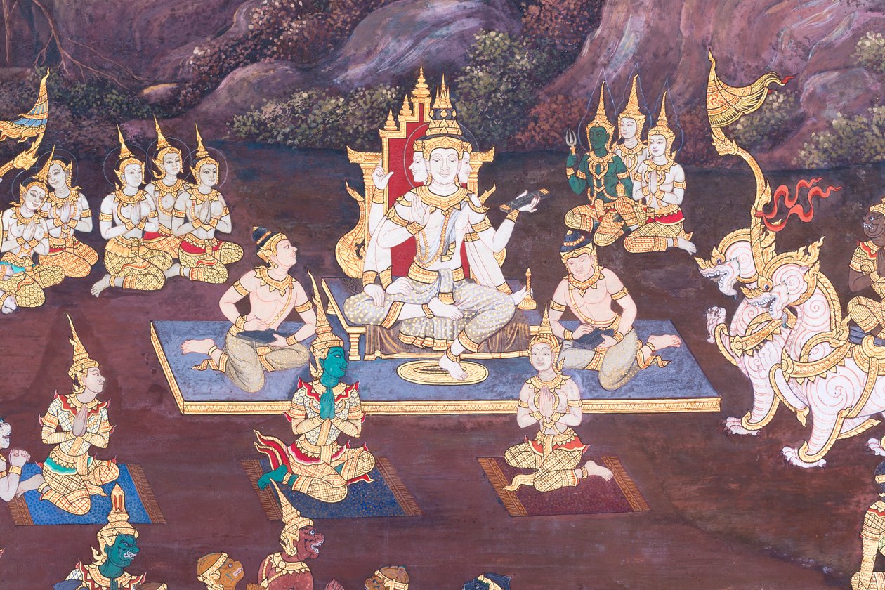 Muurschildering met scènes uit de Ramayana in Wat Phra Kaeo, het Koninklijk Paleis, Bangkok, Thailand door Thai School