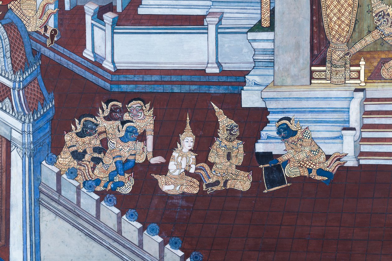Muurschildering die scènes uit de Ramayana uitbeeldt in Wat Phra Kaeo, het Koninklijk Paleis, Bangkok, Thailand door Thai School