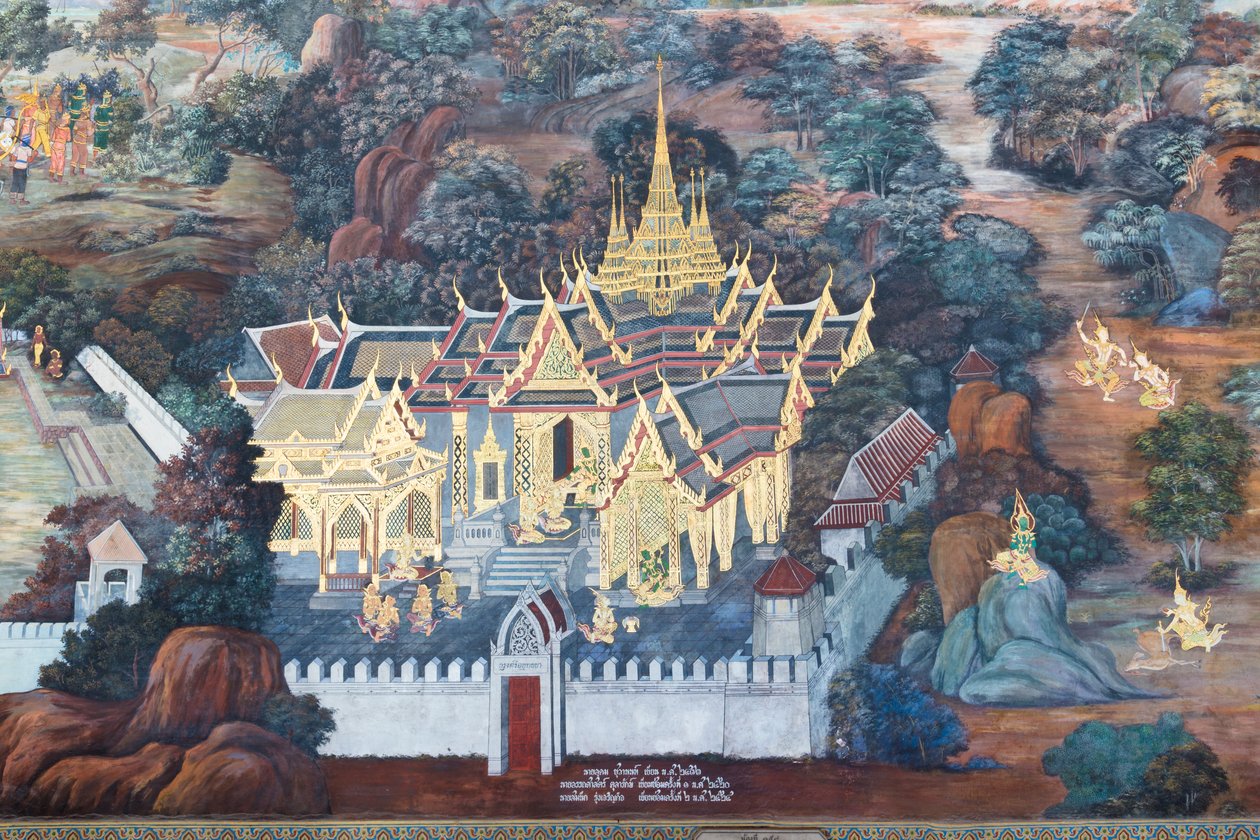 Muurschildering met scènes uit de Ramayana in Wat Phra Kaeo, het Koninklijk Paleis, Bangkok, Thailand door Thai School