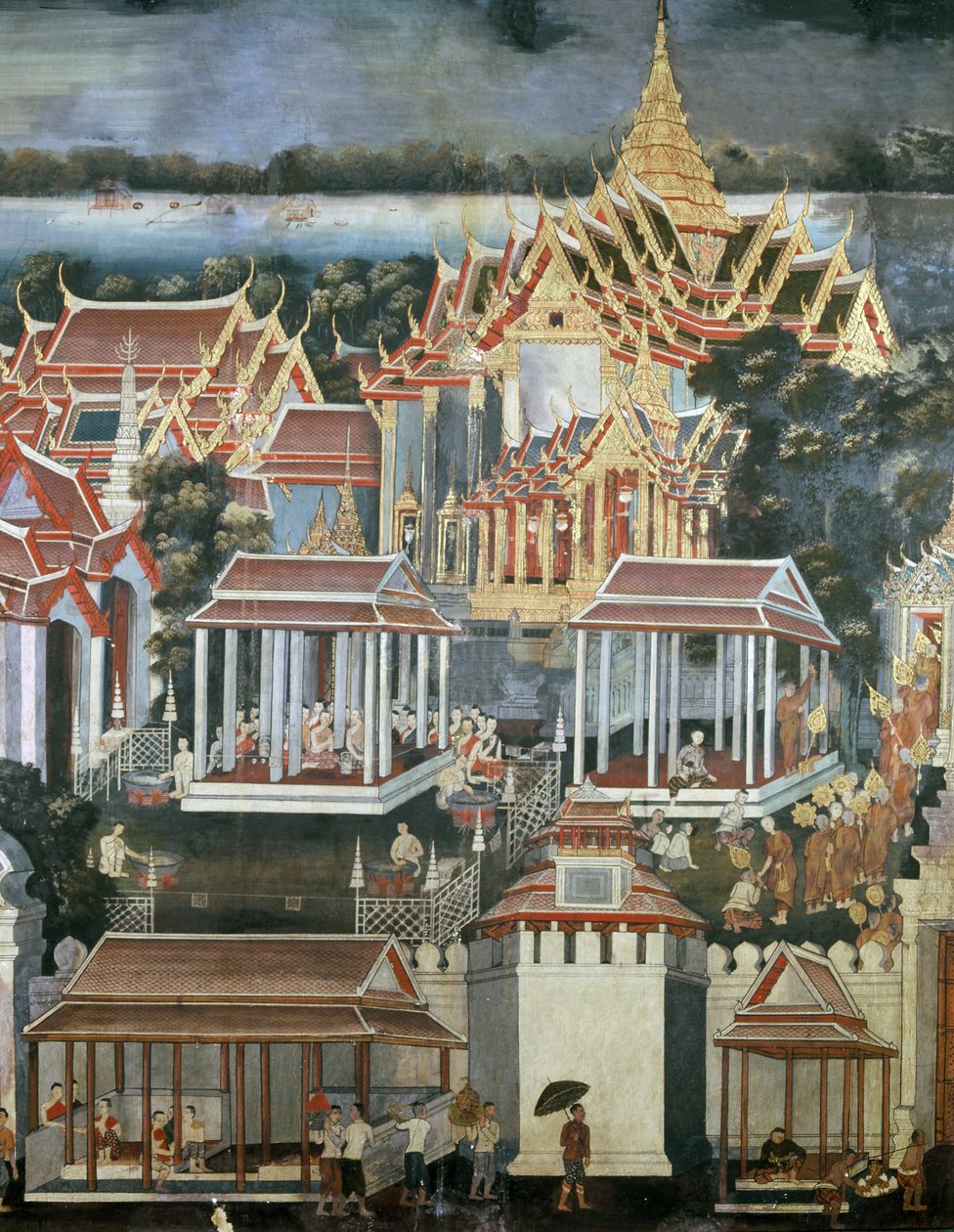 Aanbiedingen gedaan aan monniken in de Tempel van de Smaragden Boeddha, 1864 (muurschildering) door Thai School