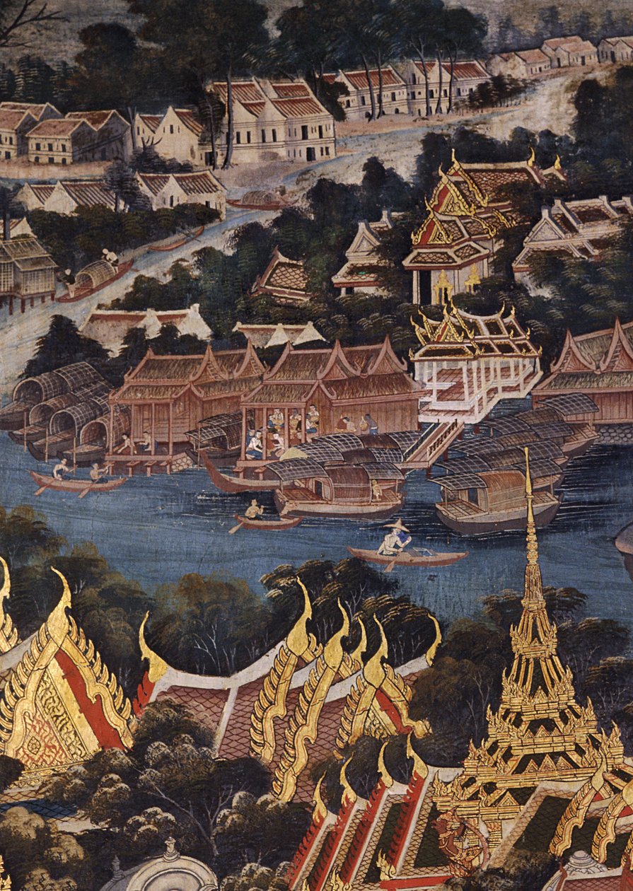 Uitzicht op het Koninklijk Paleis van Bangkok, de Chao Phraya-rivier en Tonburi, met houten Thaise huizen en bakstenen en stucwerk Chinese woningen, 1864 door Thai School