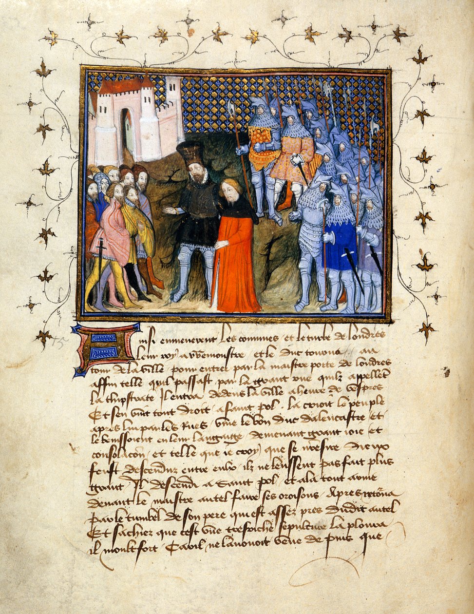 (Hele folio) Koning Richard II, gevangen genomen door Henry Bolingbroke naar Londen, doet afstand van de troon; versierde rand met tekst eronder. door The Virgil Master