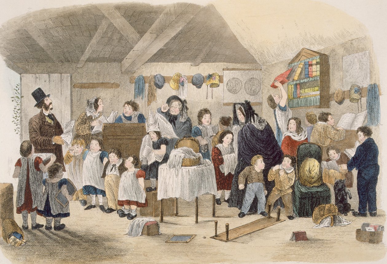 Bezoek aan de dorpsschool, illustratie uit Visitation of a London Exquisite to his Maiden Aunts in the Country, uitgegeven door W. Kent, Londen, 1859 door Theo