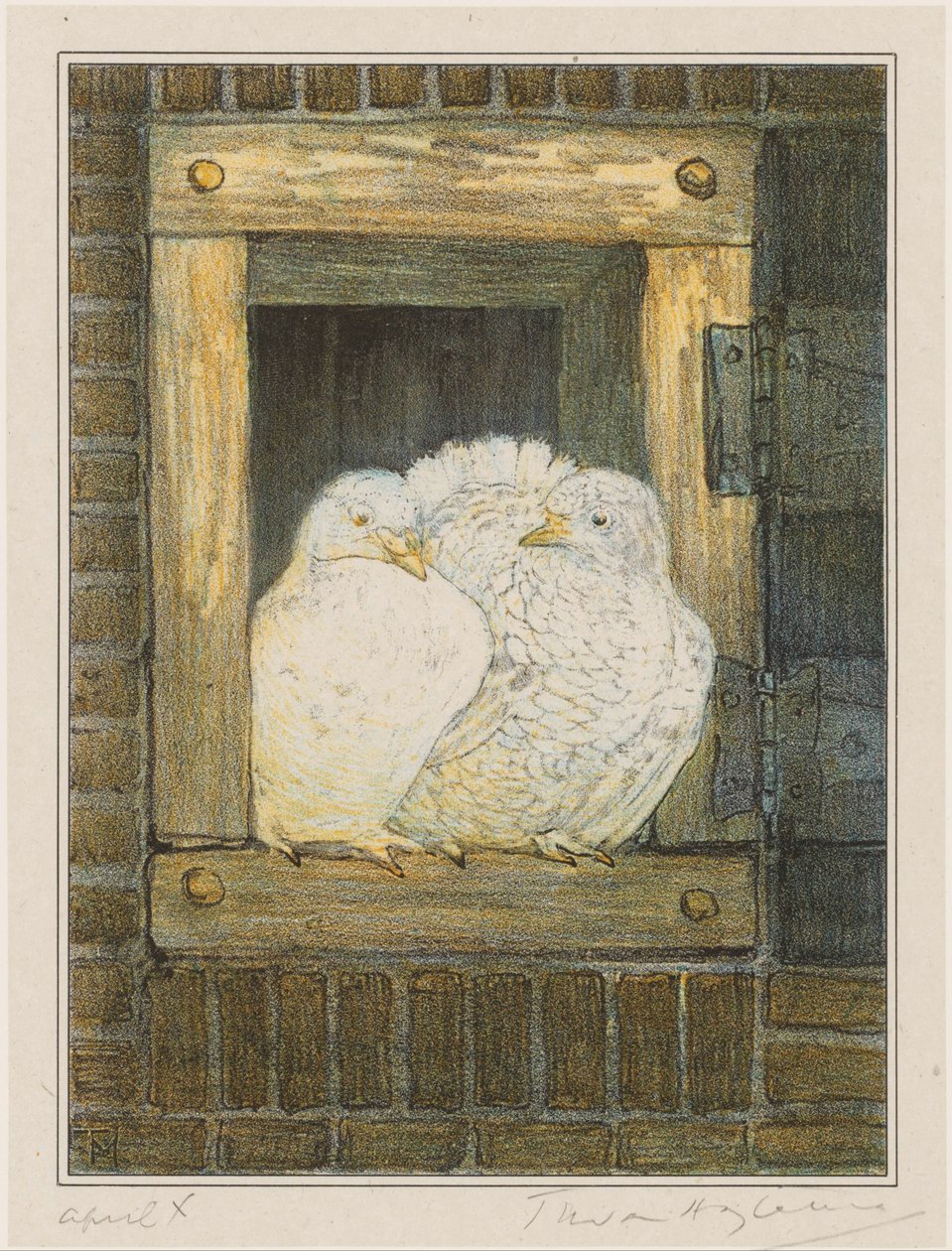 Witte duiven in venster door Theo van Hoytema (signed by artist)