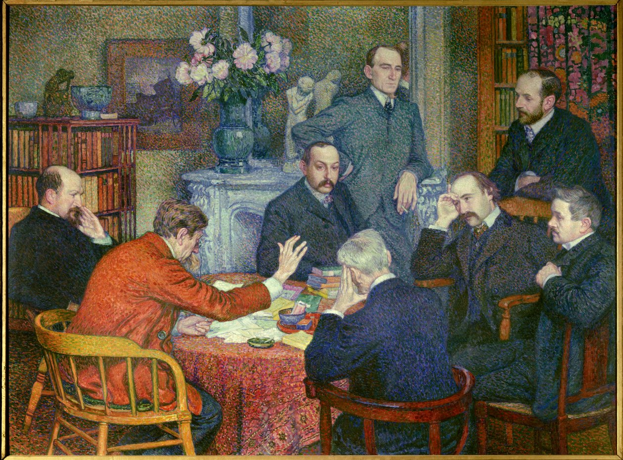 La Lecture (1903), geënsceneerd rond Emile Verhaeren (1855-1916), Belgische socialistische dichter, schilder Cross, schrijvers Maurice Maeterlinck, Andre Gide en Francis Viele-Griffin, bioloog Henri Gheon, dokter Felix Le Dantec en Felix Feneon die een sig door Théo van Rysselberghe