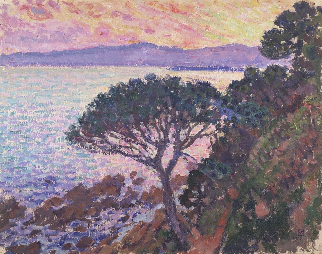 Pijnboom aan de zee bij zonsondergang door Théo van Rysselberghe