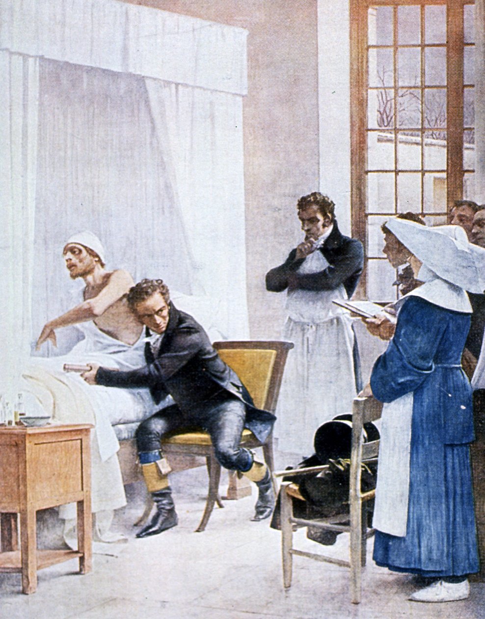 Rene Laënnec (1781-1826) luistert naar de borst van een man met tuberculose, in het Necker Ziekenhuis, 1816 door Theobald Chartran