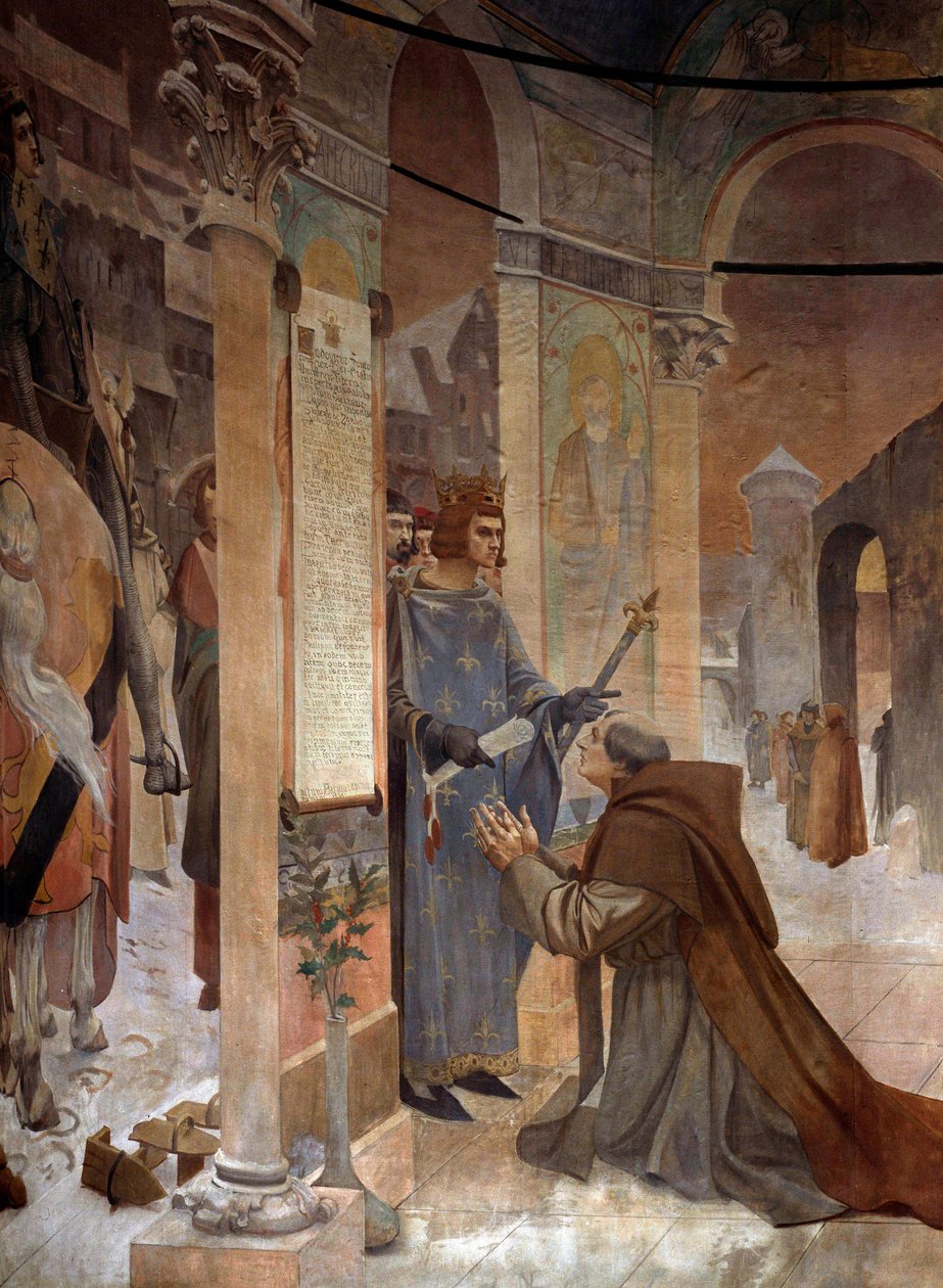 Koning Lodewijk IX (Saint Louis) (1214-1270) presenteert het Stichtingscharter van het College van Sorbonne aan Robert de Sorbon (1201-1274) zijn biechtvader in 1257 door Theobald Chartran